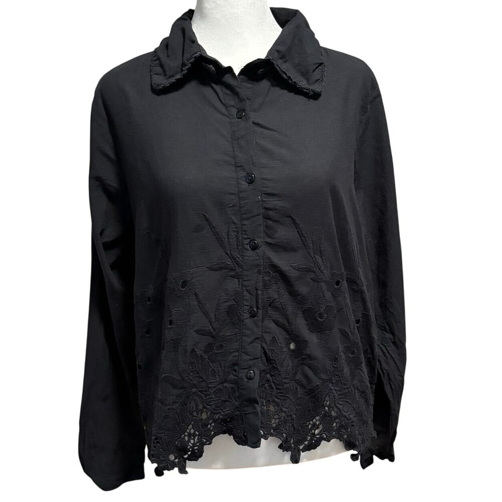 J Joie Size M Button Front Shirt Eyelet Embroidered Floral Black